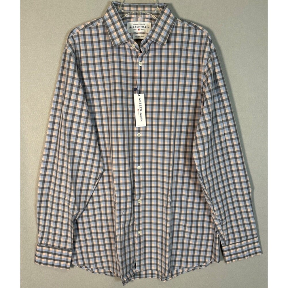 NWT Mizzen Main Leeward Collection Shirt Mens XXL Trim Fit Blue Check USA Made